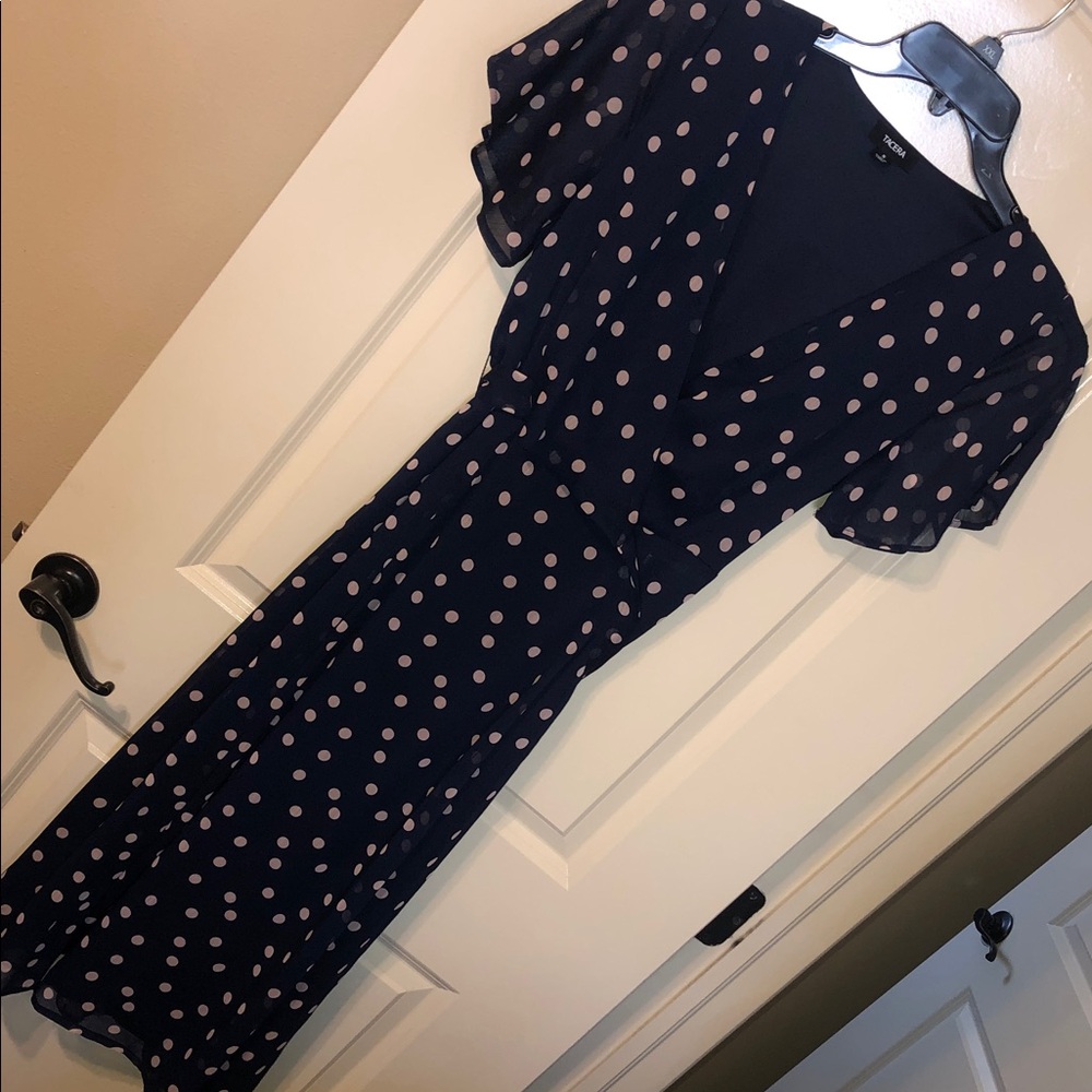 Tacera Navy Midi Dress with Light Pink Polka Dots